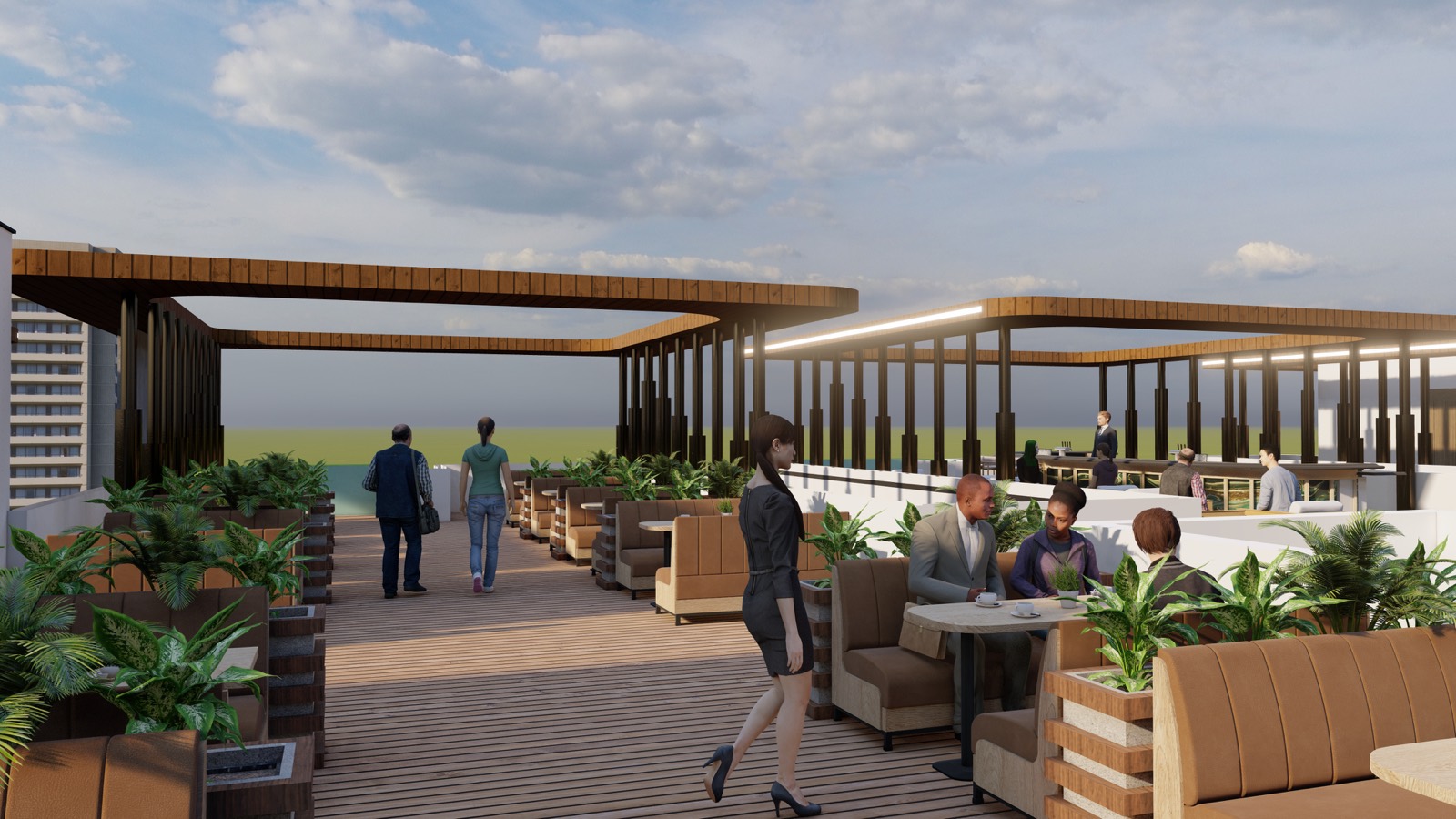 Rooftop café seating