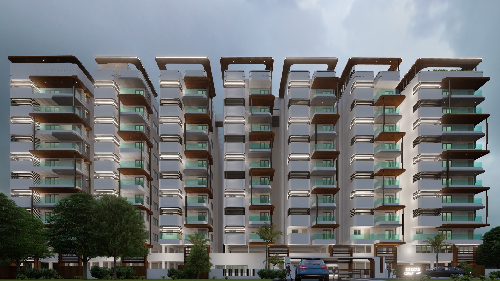 Ekathva east façade at dusk